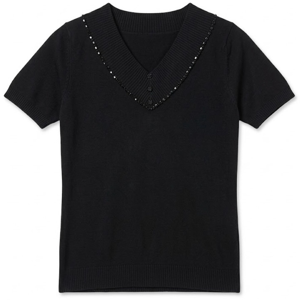 80s/90s Hong Kong Beaded Silk Blend Knit Sweater Top Black V-Neck Refined Grunge - Picture 2 of 5